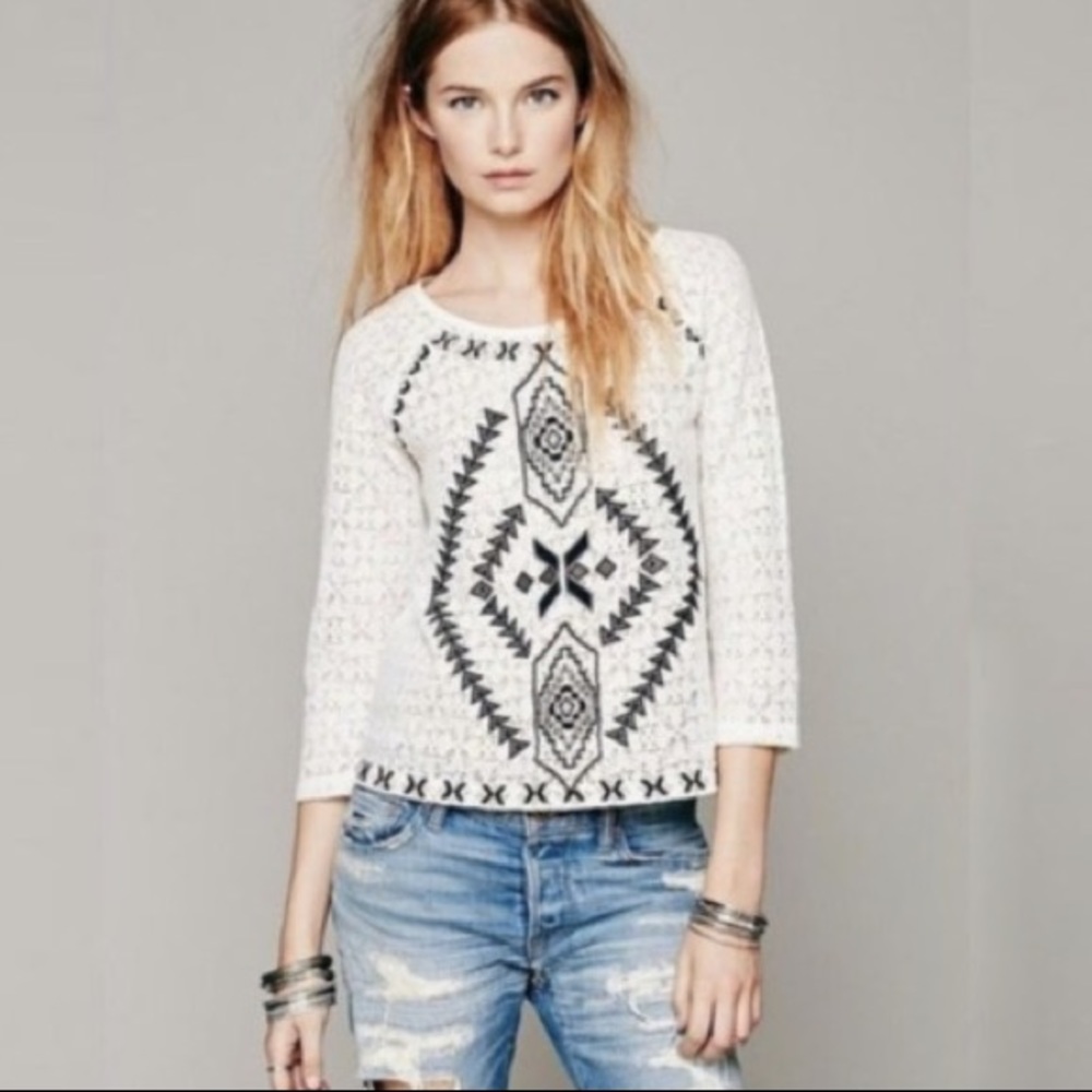 FP Tribal Embroidered White Lace Top